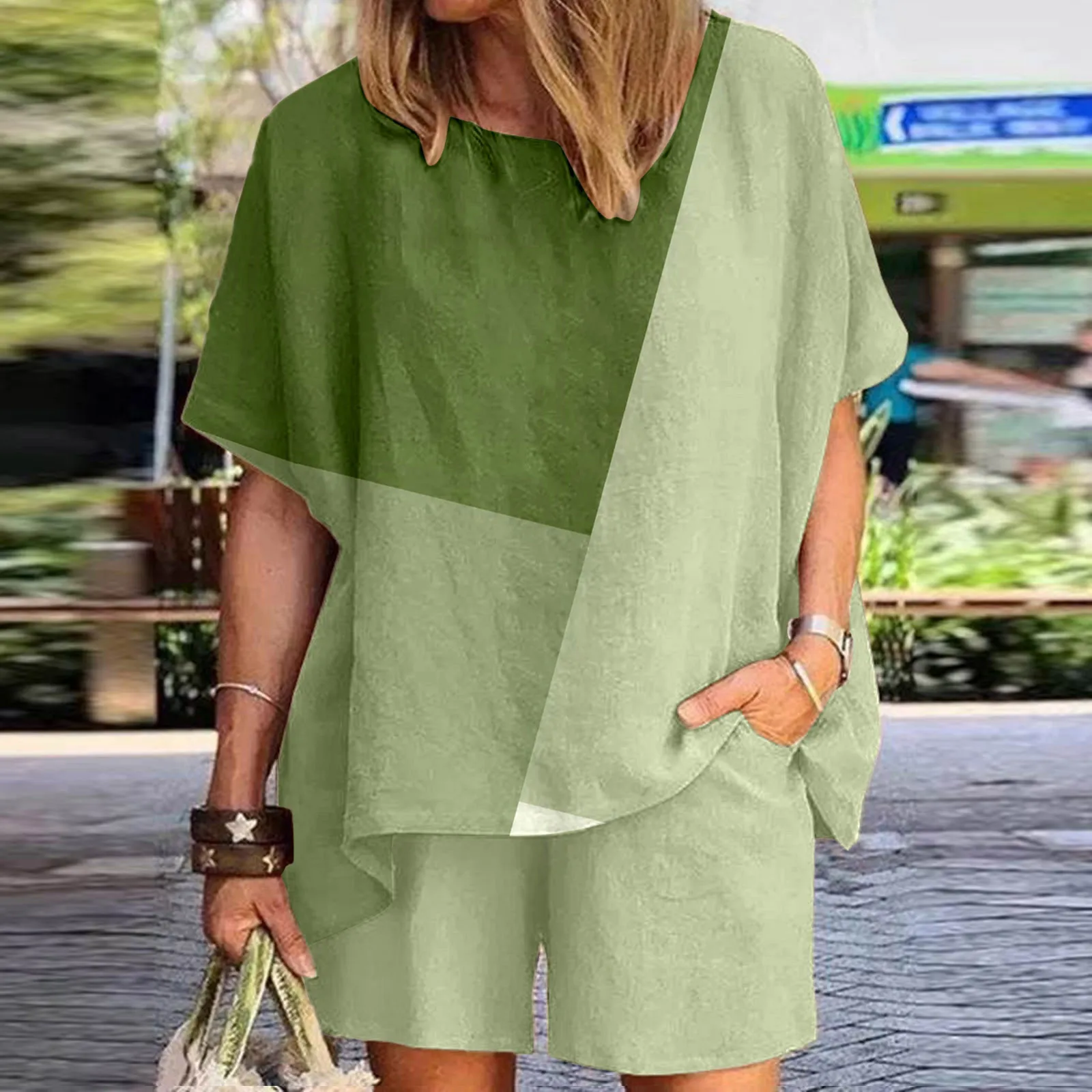 Women'S 2 Piece Linen Short Sets Stylish Color Contrast Crewneck Short Sleeve T-Shirts Loose Wide Leg Shorts Matching Set Mujer