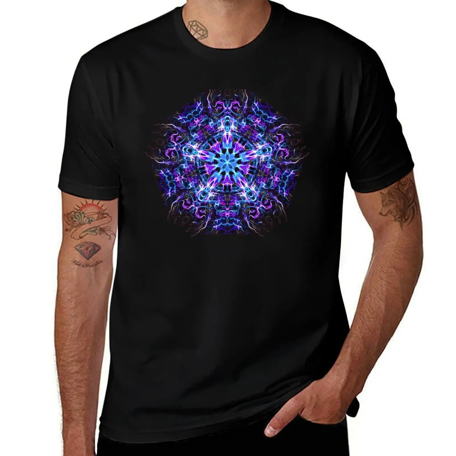 

.Psychedelic Trippy Hexagon Star Indigo Mandala - Fractal Sacred Geometry T-Shirt man t shirt cotton high quality