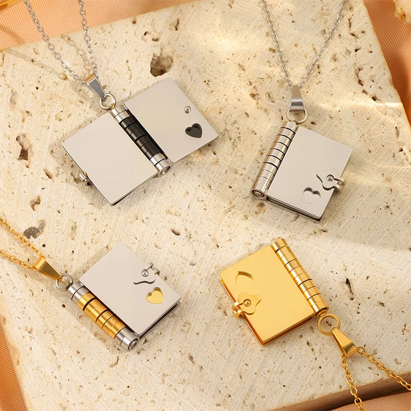 Gold Book Locket Necklace for Daughter Engraved Message Book Pendant Necklace Waterproof Stainless Steel Gift Jewelry for Women - view 5