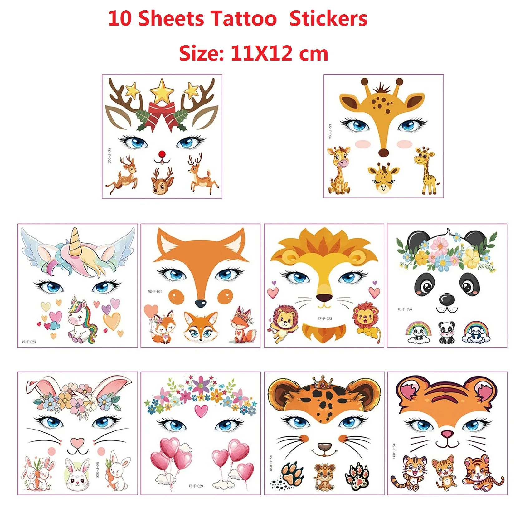 10 Sheets Face Tattoo For Makeup Party Stage Show Unicorn Face Stickers Cute Cartoon Animal Waterproof Temporary Fake Tattoos