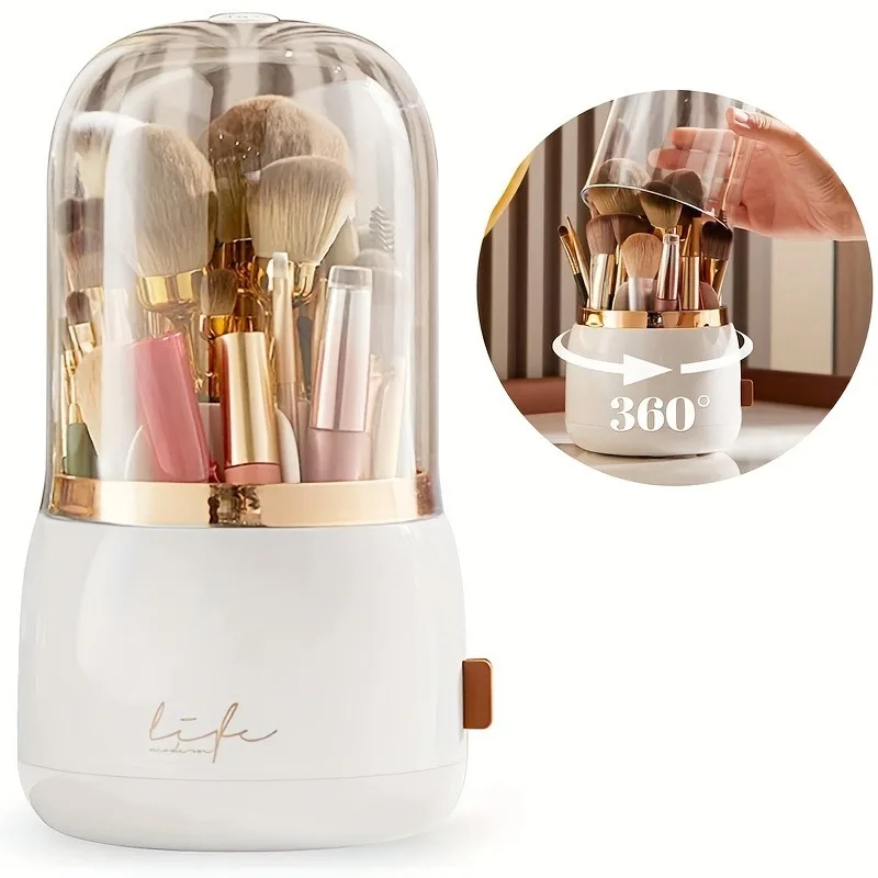 360° Rotating Makeup Brush Holder with Transparent Dustproof Cover – Waterproof Storage Box for Vanity, Bathroom, andOrganizati