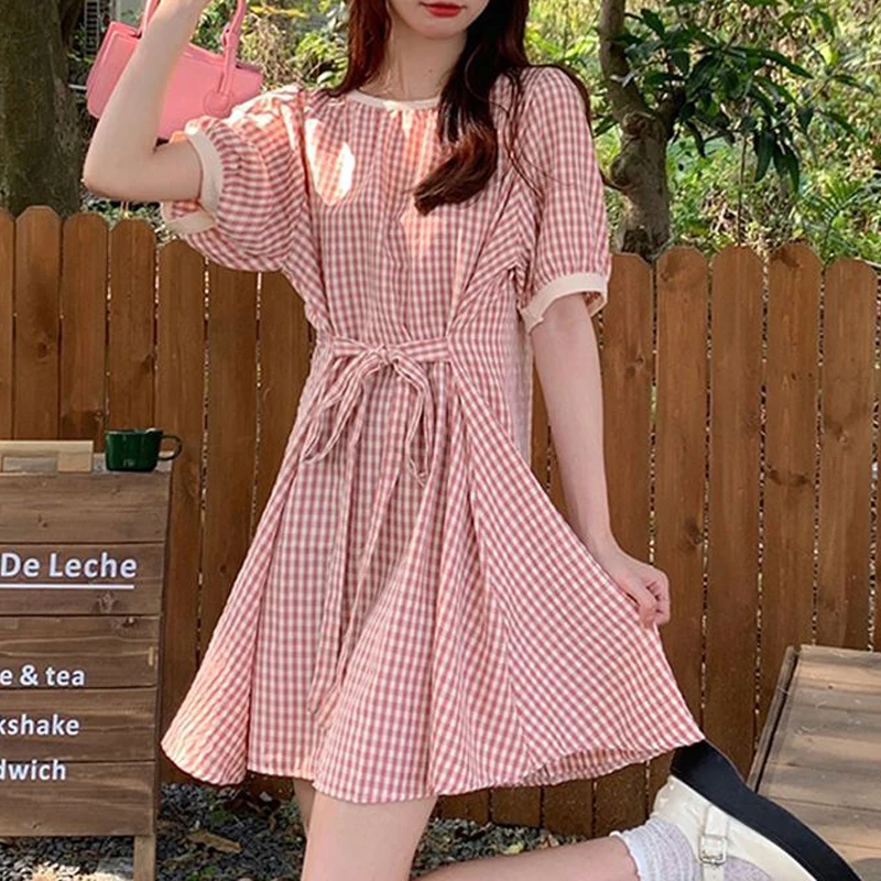 Women Vintage Plaid Print Lace Up Sweet Kawaii Y2K Mini Dress 2024 Summer Female Trendy Casual Short Sleeve Loose Beach Dresses