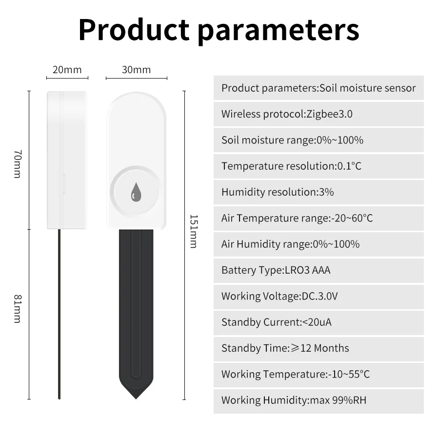 ZigBee 3.0 Soil Moisture Humidity Sensor Smart Plant Monitor Wireless Humidity Temperature Detector Garden Tool App Monitoring