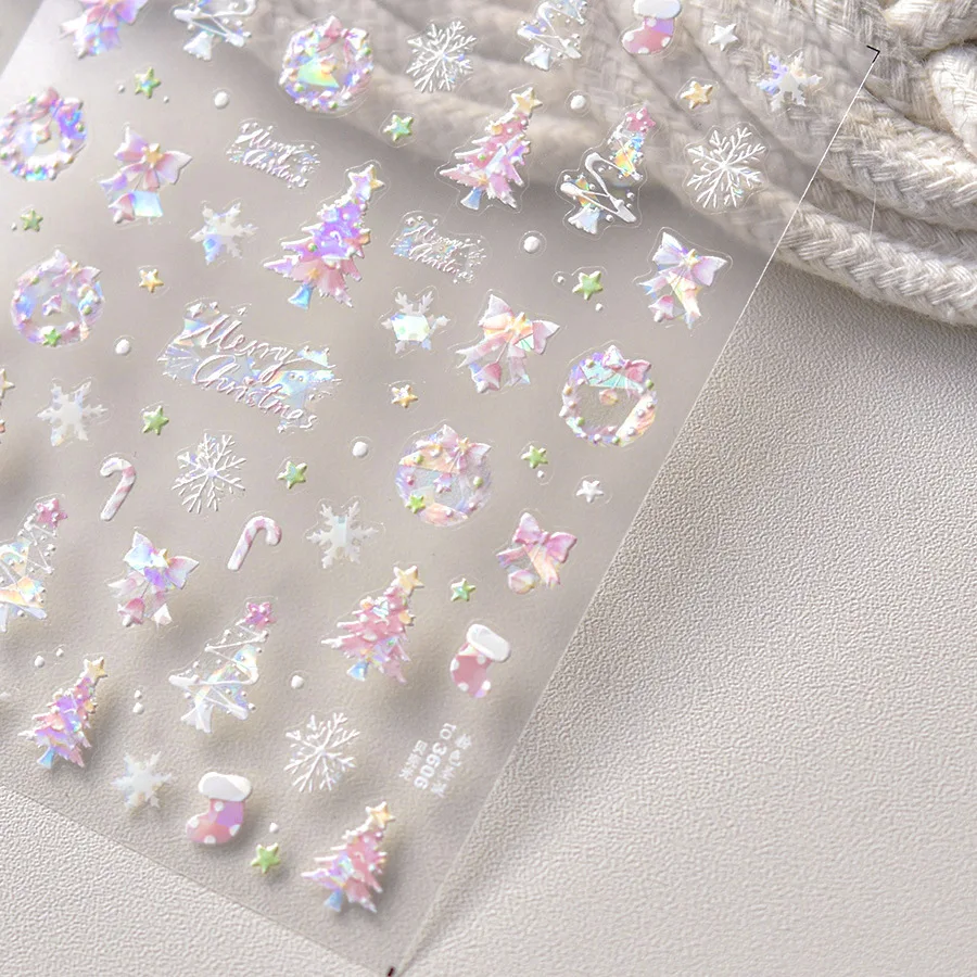 1pcs 5D Sweet Pink Christmas Tree Nail Art Stickers Shiny Shell Cute Snowflake Bowknot Fairy Nail Stickers Relief Manicure Decal