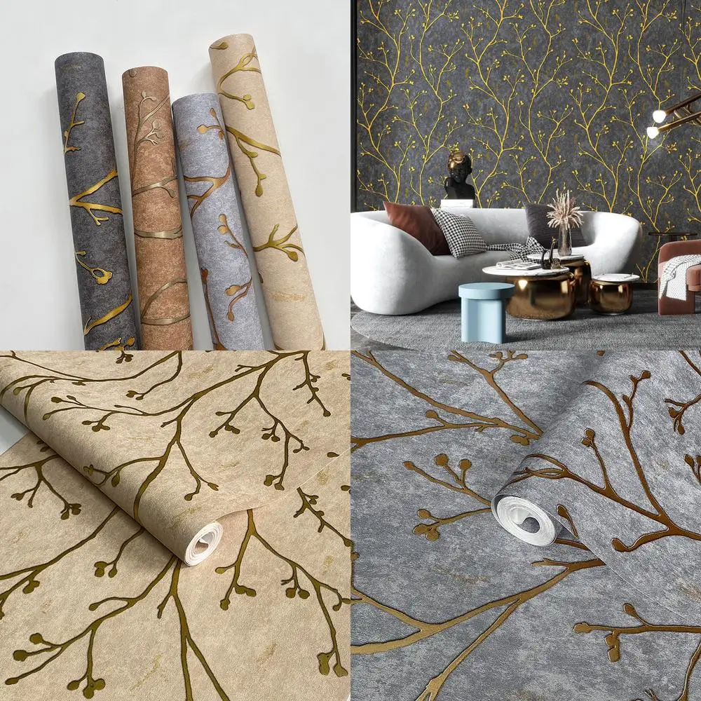 

Golden Branches Modern Minimalist Home Background Wallpaper for Store Foyer Living Room Sofa Hotel Restaurant Premium Wall Paper