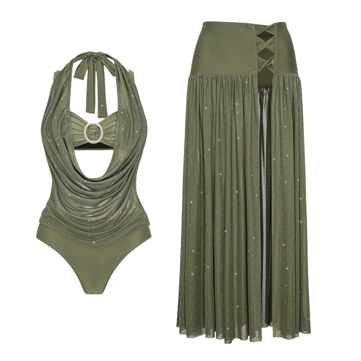 Women 2 Piece Halter Swimsuit Set Sparkle Mesh One Piece Bathing Suit & Lace Up Long Skirt Cover Up Beach Swimwear Brazil Summer