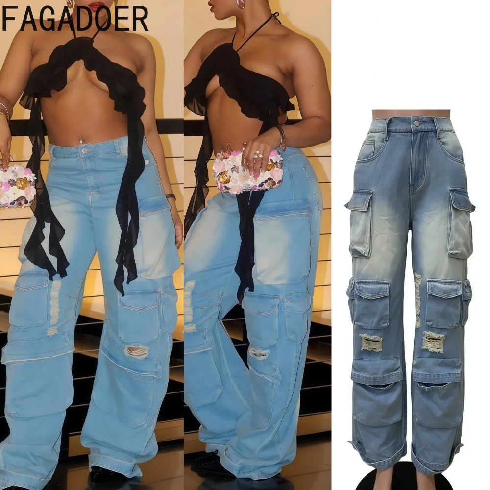 

FAGADOER Retro Fashion Cargo Pockets Patchwork Denim Pants Women Washed Hole Straight-leg Jeans Female Streetwear Bottoms New