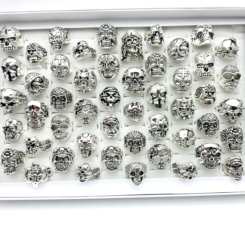 

50pcs Skull Rings For Men and Women Silver Color Punk Style Skeleton Biker Fashion Jewelry Mix Styles Wholesale