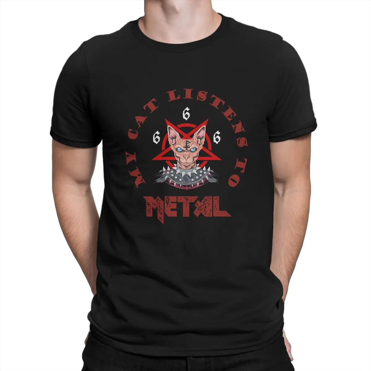 My Cat Listens to Heavy Metal 666 T Shirts for Men 100% Cotton Funny T-Shirts O Neck Satanic Baphomet Goat Tees Short Sleeve Top