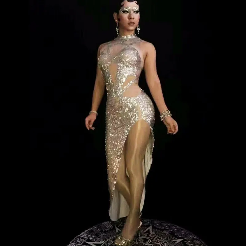 Sparkly Strass Unregelmäßige High Split Kleid Frauen Abend Feiern Party Kleider Sänger Drag Queen Kostüm Bühne Tragen