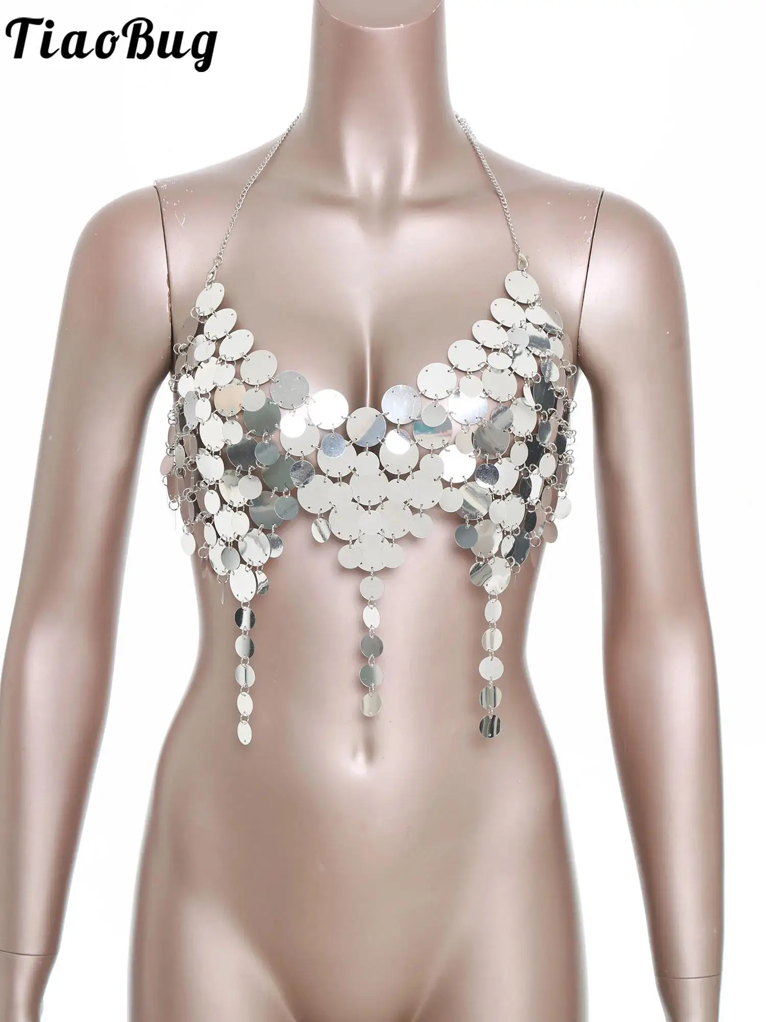 

Женский стильный бюстгальтер с блестками, топ с бретелькой на шее, цепочка для бюстгальтера, многослойная бахрома, цепочка для тела для клубных вечеринок, верхняя крышка, цепочка для бюстгальтера