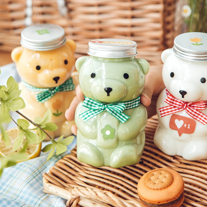 500ml Transparent Bear Beverage Bottle Cold Drink Milk Tea Juice Bottle Milk Tea Coffee Cup Honey Container Straw Bottle