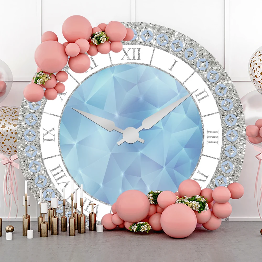 2025 Happy New Year Round Backdrop Sapphire Texture Silver Sparkling Diamond Inlaid Clock Family Party New Year Decor Background