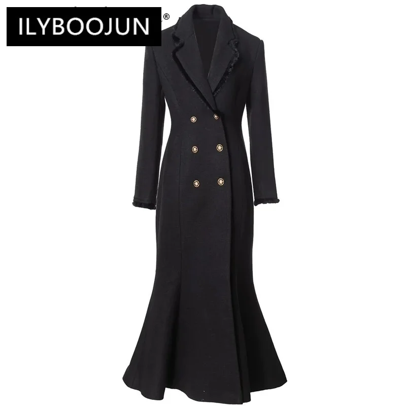 

ILYBOOJUN Fashion Designer Autumn Winter Tweed Coat Women Long Sleeves Feathers Patchwork Double Breasted Office Lady Outerwear