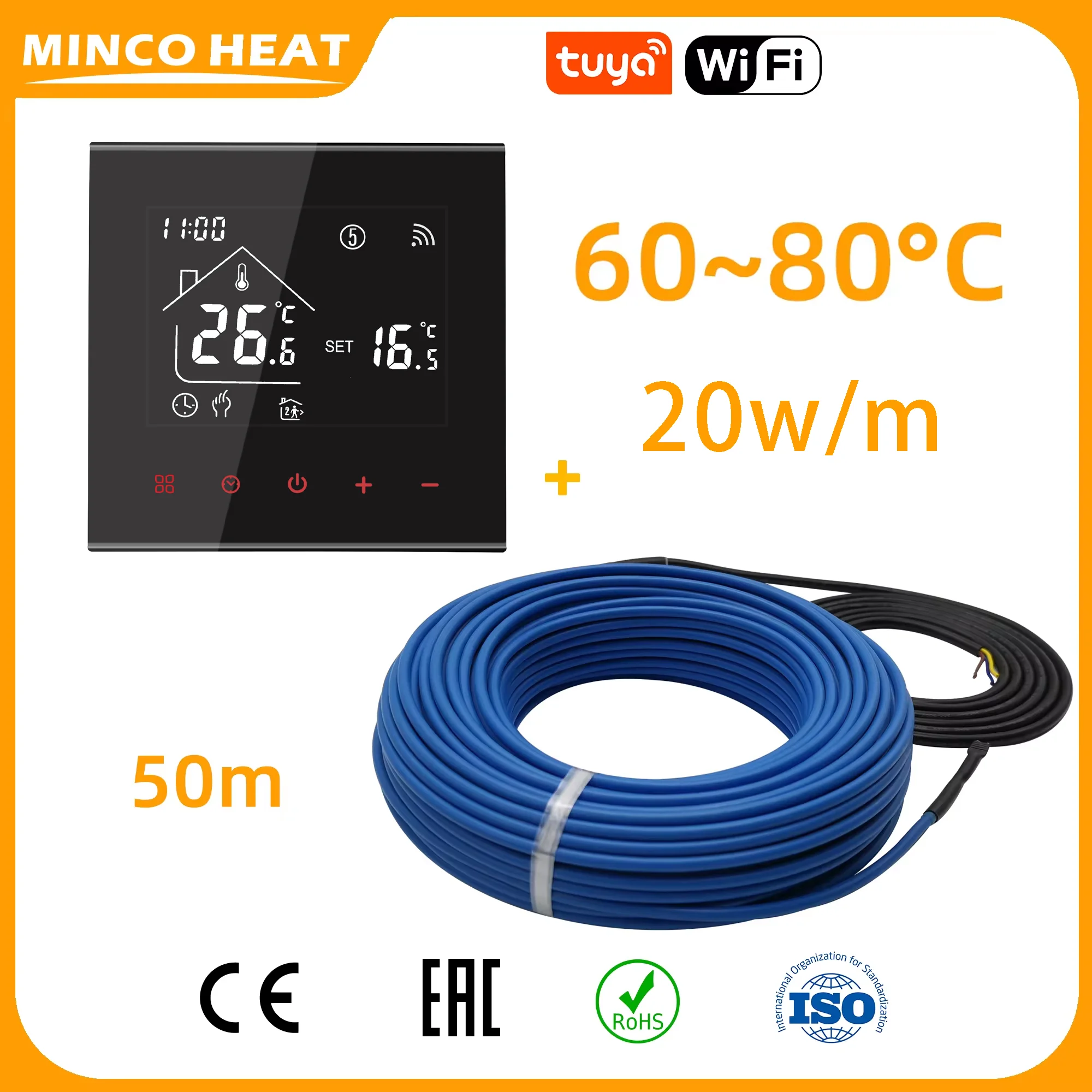 Minco Heat 20w/m 50m Underfloor heating New Twin Conductor Under Tile Laminate Floor Heating with Smart Tuya Wifi Thermostat