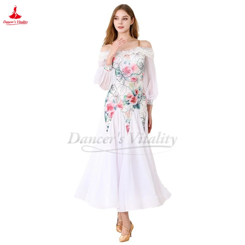 Ballroom Dance Lantern Sleeves Flower Print Dresses To Women Adult Waltz Foxtrot Tango Quickstep Professional Practise Costume
