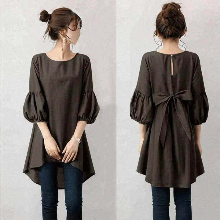 

2025 Spring New Solid Color Round Neck Lantern 7/8 Sleeve Back Tie Top