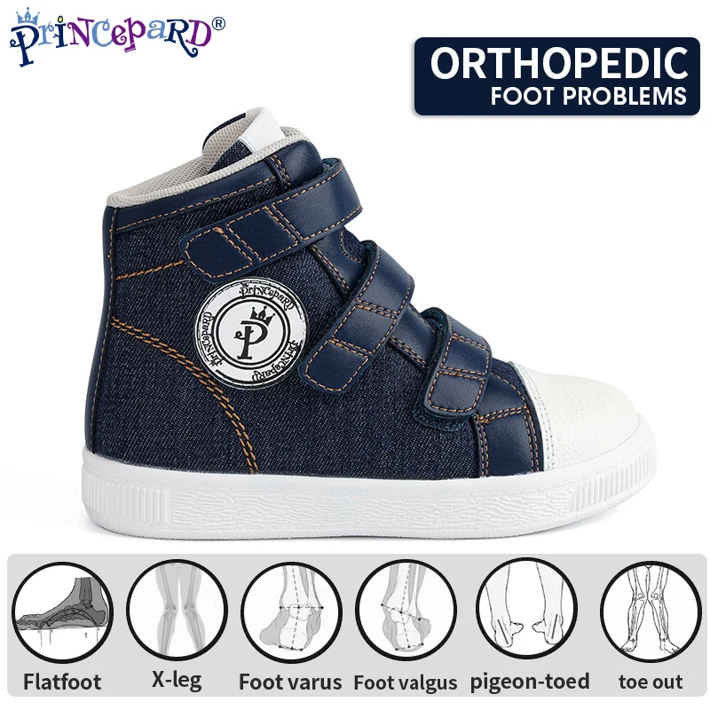 Princepard Denim Kids Casual Shoes Children Orthopedic Sneaker with Corrective Insoles for Flat Foot Valgus