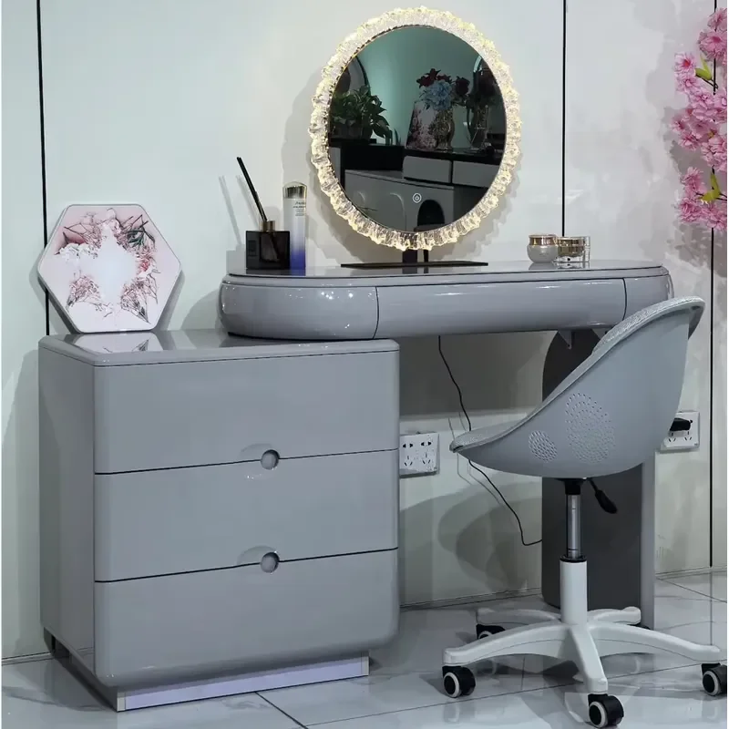 Modern Grey Glossy Makeup Vanity Table With LED Round Mirror 3 Drawer Cabinet Mobile Dressing Chair Bedroom Dresser