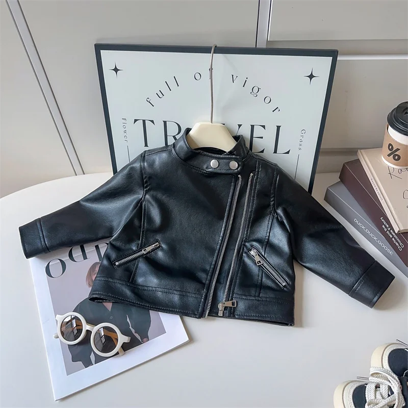 Boys Pu Leather Jackets New Autumn Girls Handsome Classics Coats Children Spring Fashion Outerwear Toddler Kids Zipper Clothes