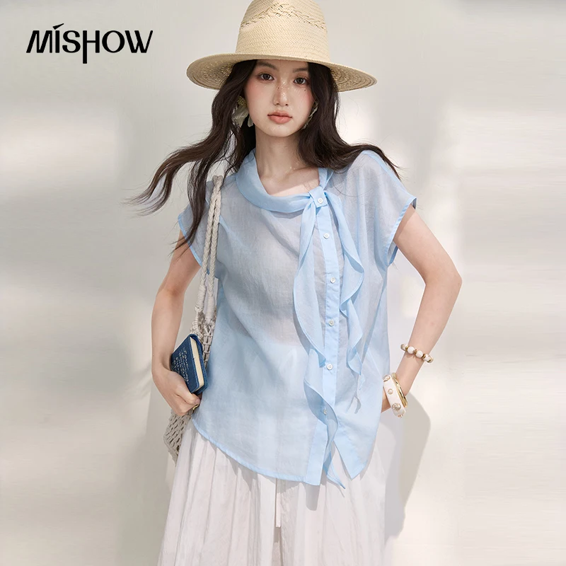 

MISHOW Women's Ramie Blouses 2026 Summer Asymmetric Ribbon Tie Collar Raglan Sleeve Tops Blue Loose Casual Blouse MXF29C2507