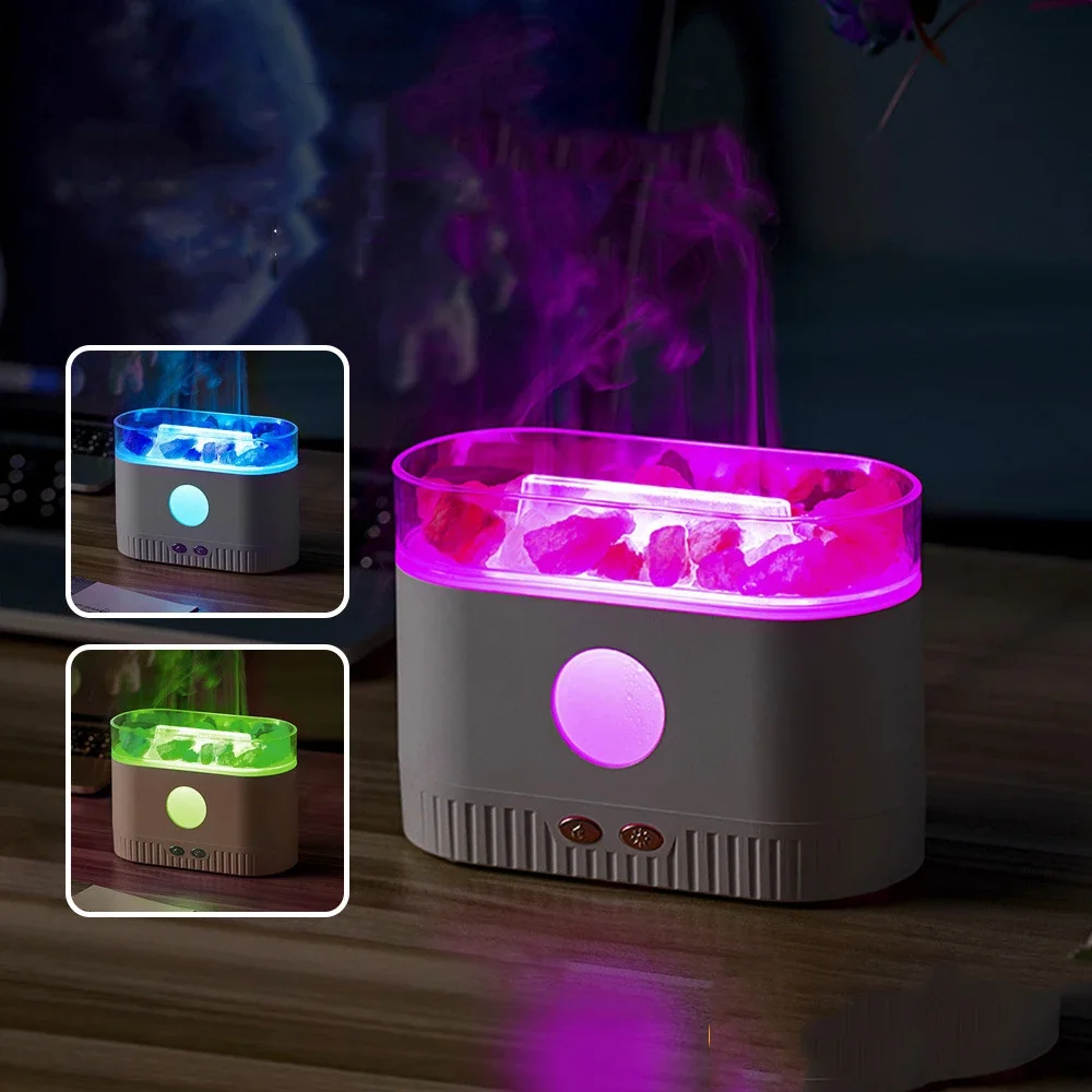 For Air Humidifier Ultrasonic Cool Mist Maker Fogger LED Essential Oil 3D Effect Flame Lamp with Himalayan Salt