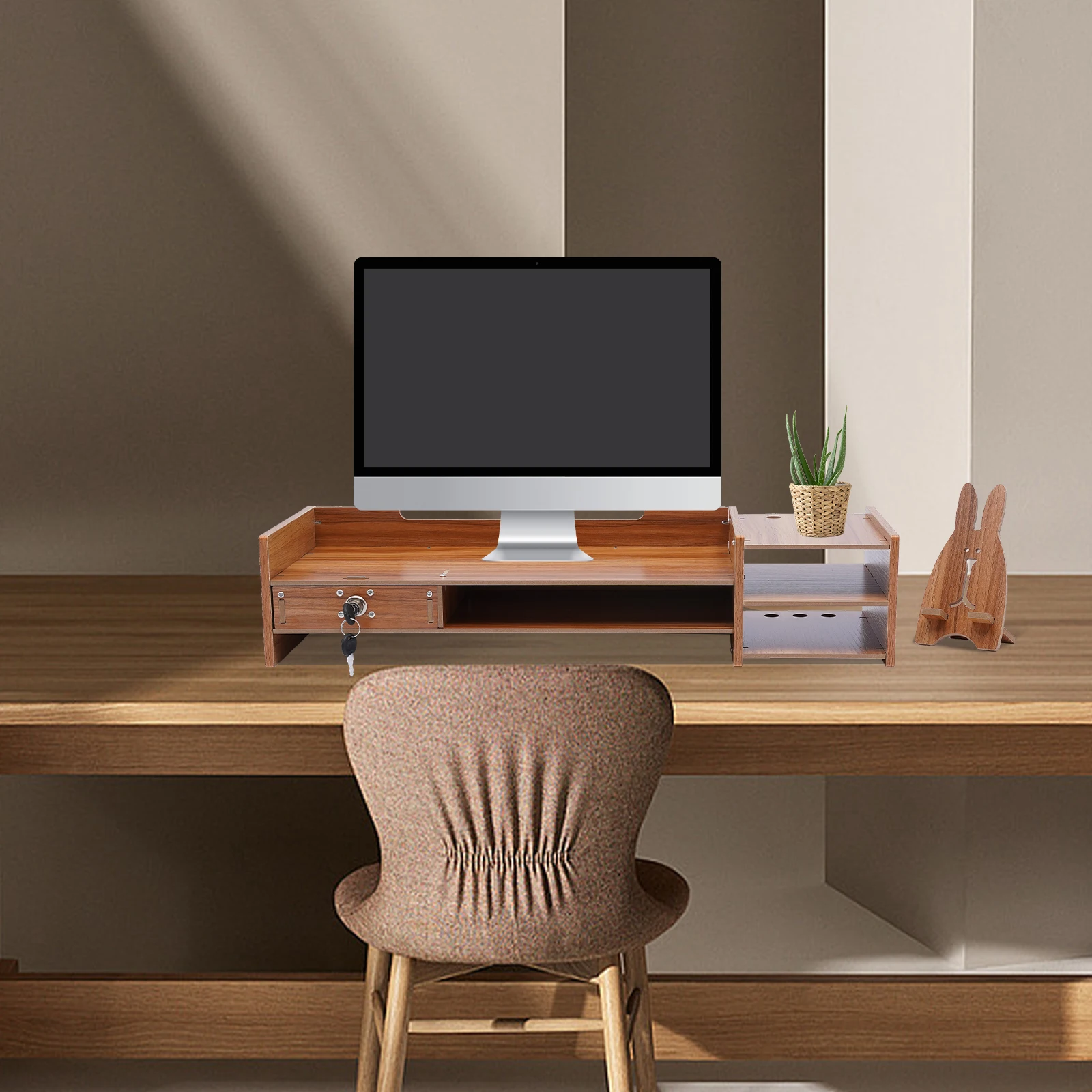 Monitor Wood Desk Organizer with Drawers Office Desktop Storage Monitor Holder With Lock Laptop Organizer Stand Riser Desktop