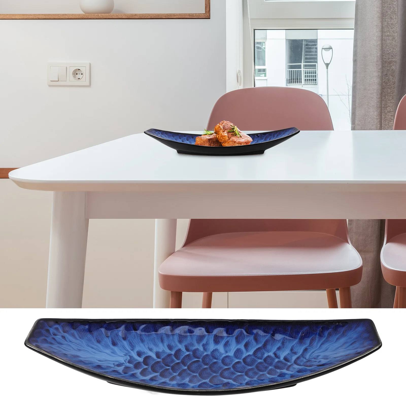 

1Pcs Ceramic Sashimi Plate Japanese Style Fish Platter Long Boat Shape Cold Dish Plate Steak Dessert Ceramic Dish