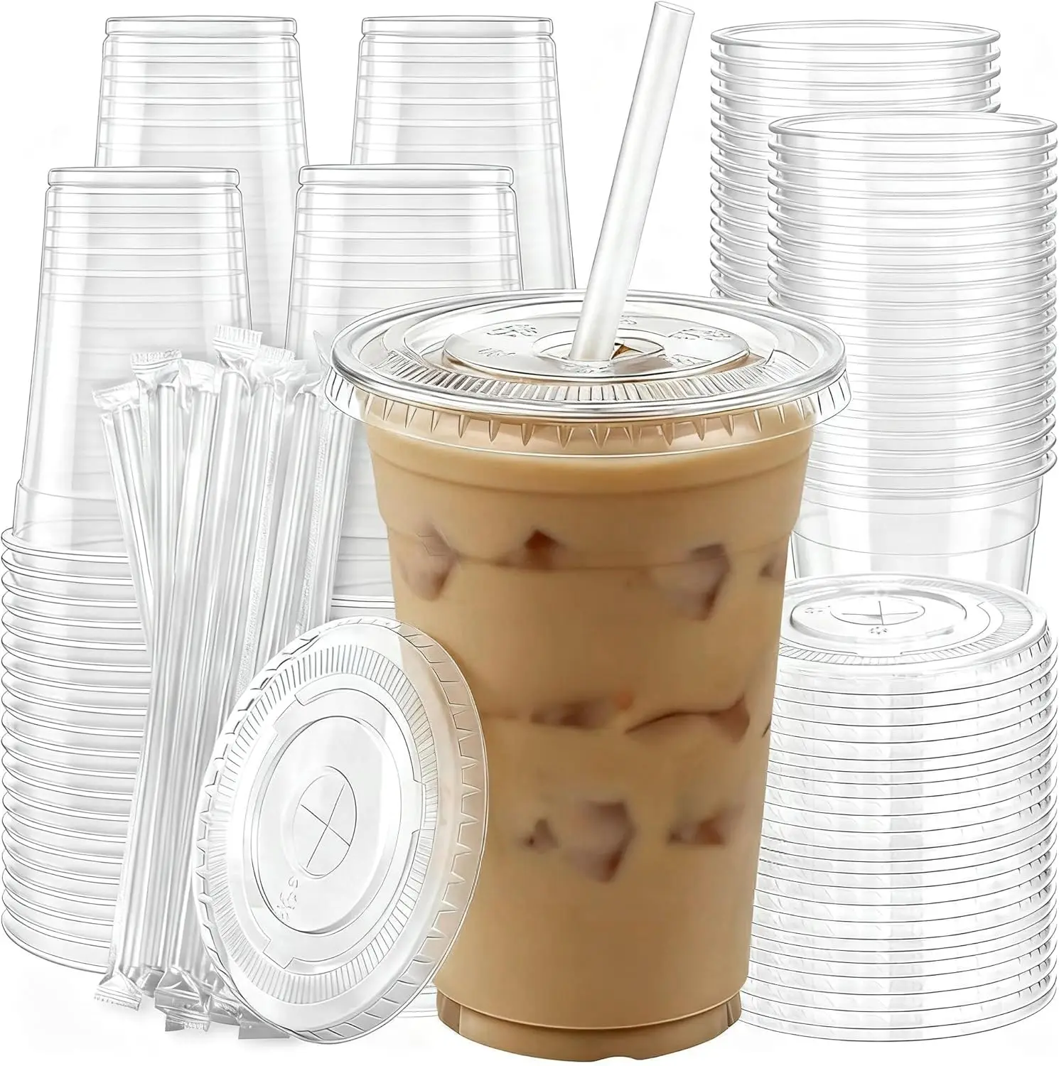 Paquete de 100 Vasos Desechables Transparentes de Plástico con Tapas y Pajitas, Resistentes a Fugas para Café Helado, Smoothies, Jugos y Fiestas
