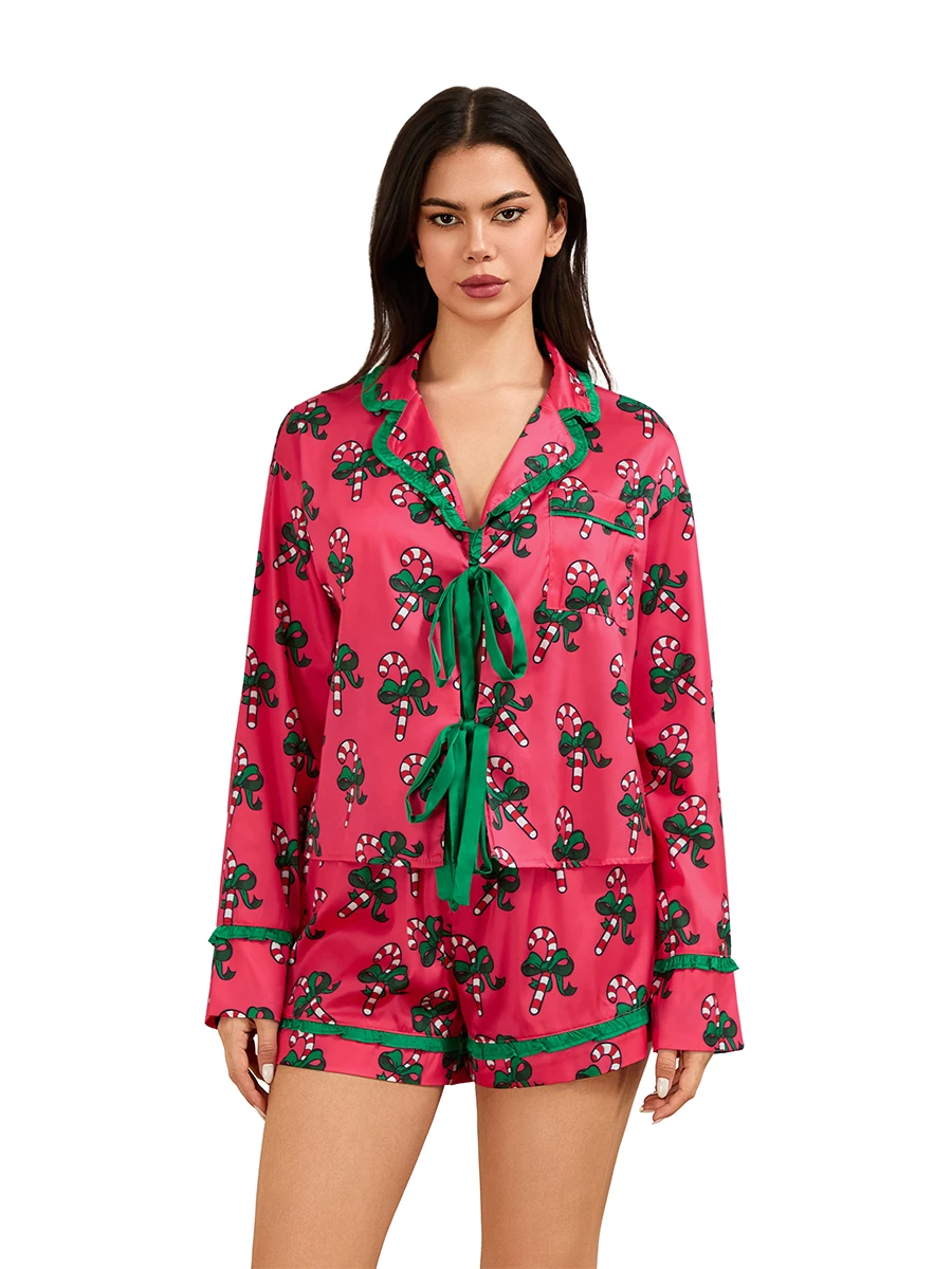 

Women Christmas Pajamas Set 2 Pieces Loungewear Suits Candy Cane Cocktail Glasses Print Shirts Tops and Shorts Sleepwear Outfits