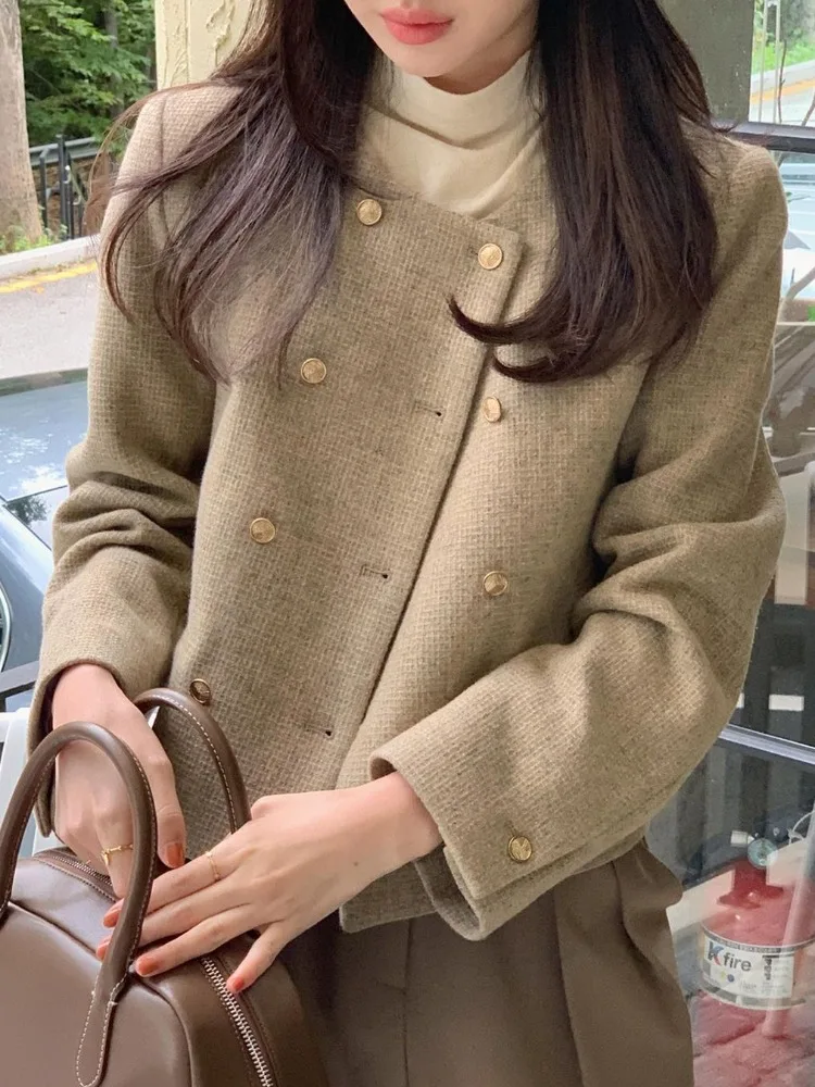 Dongda Gate Design Thiened ort Casual Coat round Ne Double Button Commute Women's Top Polyester Fiber Long Sve