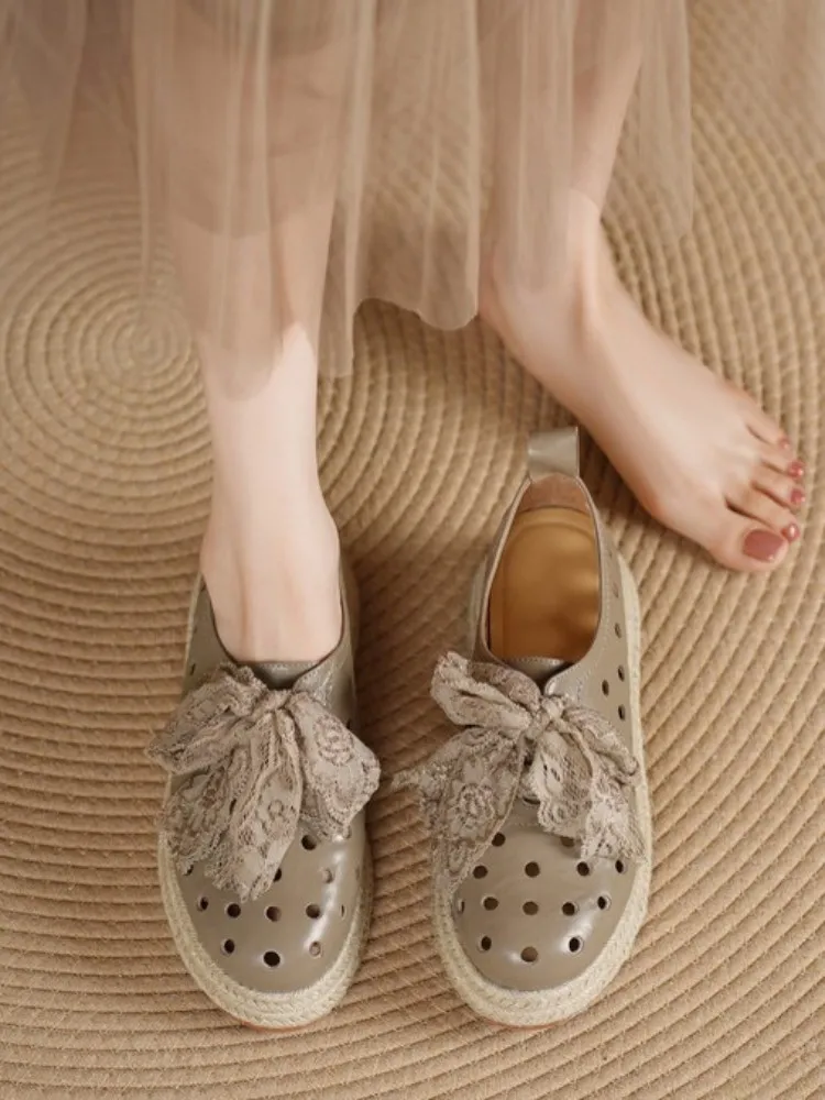 Handmade Genuine Leather Hollow Out Round Toe Bow Lace Cloth Leisure Sheepskin Platform Slip On Solid Color Female Pumps
