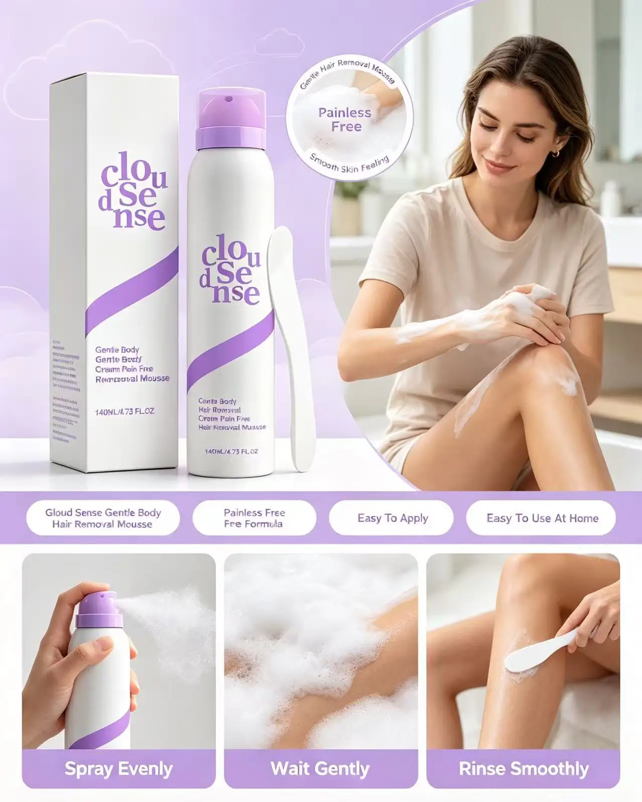 Cloud Sense Gentle Hair Removal Mousse 140ML Pain Free Body Hair Remover Foam With Scraper For Arms Legs Daily Use