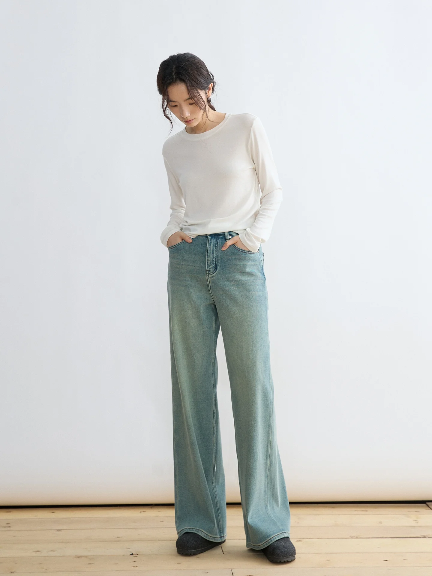 

Теплые джинсы на флисовой подкладке, повседневные, универсальные, прямого кроя, с высокой талией, из хлопкового денима, для женщин, зимний сезон, с высокой эластичностью