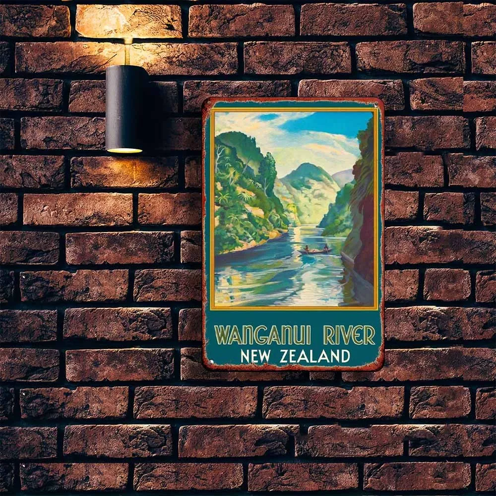 Scenic Tin Painting of The Whanganui River in New Zealand Suitable for Bedroom, Bar, Garage, And Garden Outdoor Decoration