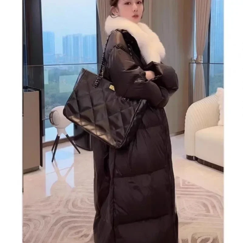 Long 2025 new Down Jacket Women Loose and Thick Winter Warm Fur Collar Fashion Duck Down Over The Knee Coat Temperament Clothing