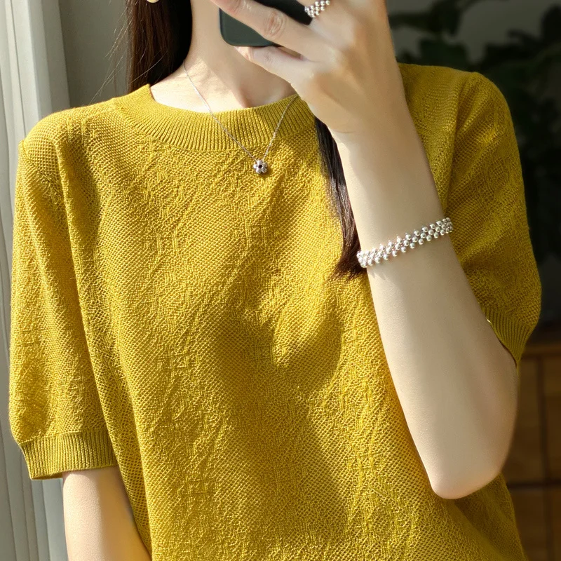 23Summer new 100% wool worsted women's short-sleeved heavy industry exquisite pattern women's bottoming crocheted sweater thin