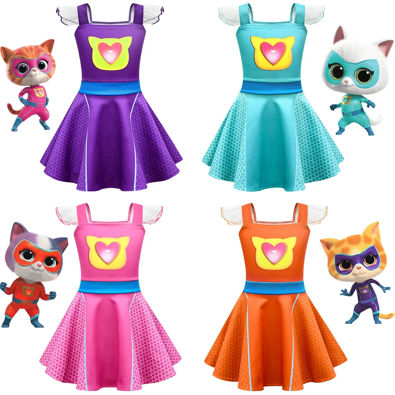 

SuperKitties Kids Costume Cosplay Cartoon Super Cat Baby Girls Flying Sleeved A-Line Dress Carnival Birthday Clothes