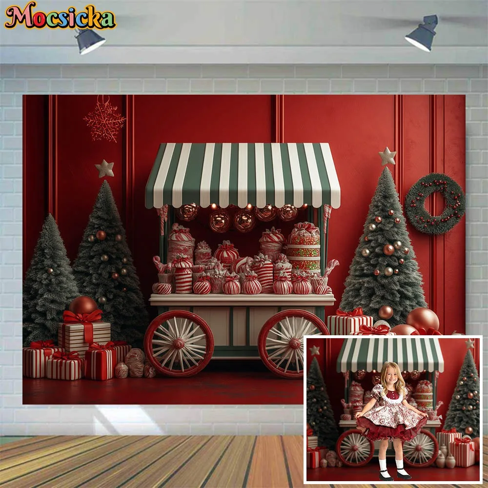 

Mocsicka Photography Backdrops Christmas Candy Cart Red Wall Snow Xmas Tree Gifts Boxes Boy Girl Photo Background Shooting Props