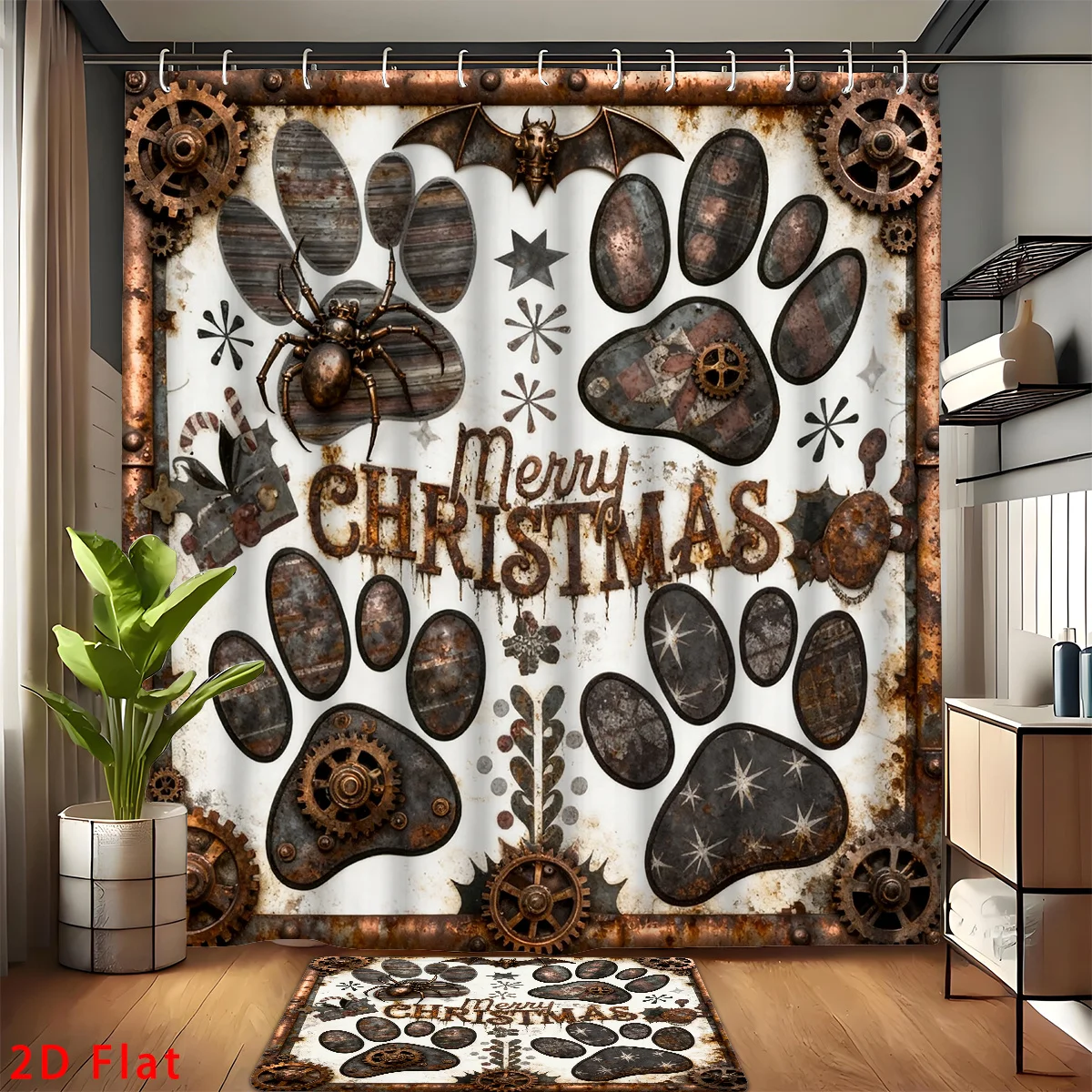 2D Flat, 4pcs Steampunk 2D Bathroom Set, Featuring High-Quality Bathroom Decorations And Additions, Including a Non-Slip, U-Shaped, Toilet Seat, And Shower Curtain with 12 Hooks