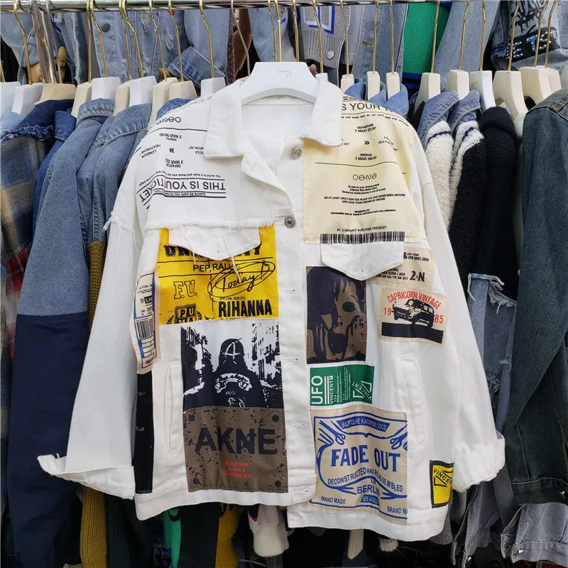 Primavera Vintage Disegni di toppe irregolari Stampa Giacca di jeans Nero Blu Bianco Giallo Casual Giacca di jeans da donna Cappotto Autunno Nuovo