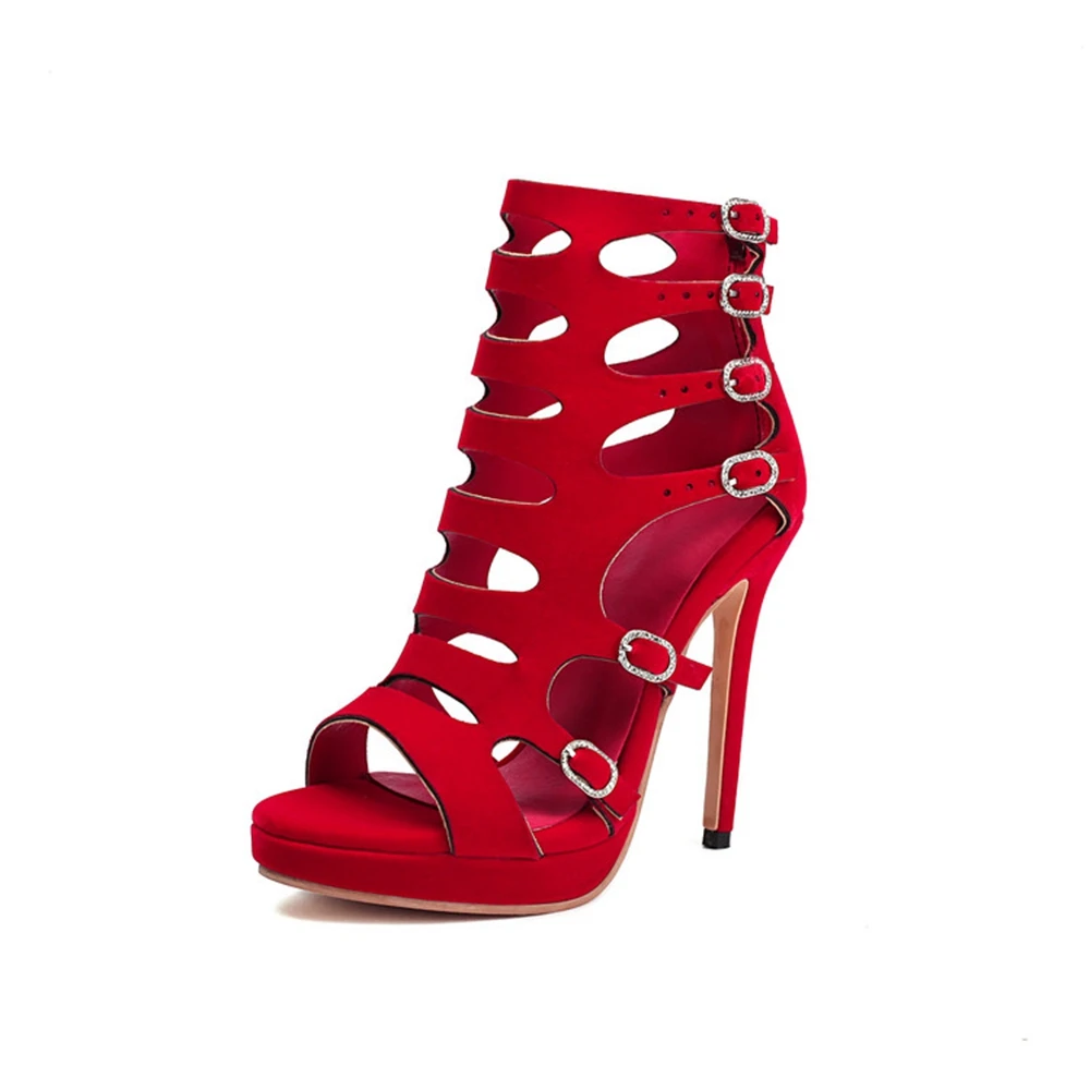 Women's Cutout Stiletto Heel Sandals Open Toe Buckle Ankle Strap Back Zipper Plus Size 30-52 Black Red Party High Heels 590