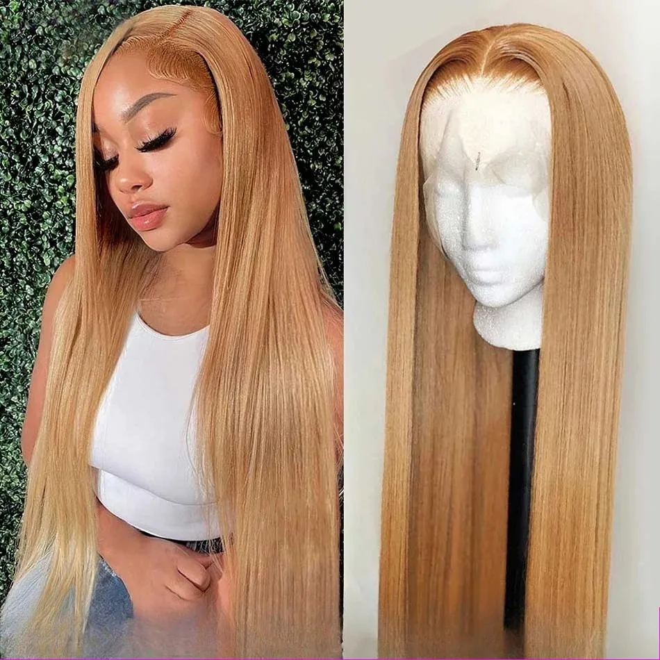 

Медовый блондин HD Прозрачные парики фронта шнурка # 27 Цветные бразильские прямые парики фронта шнурка 13x4 с костями, повседневная одежда для вечеринок