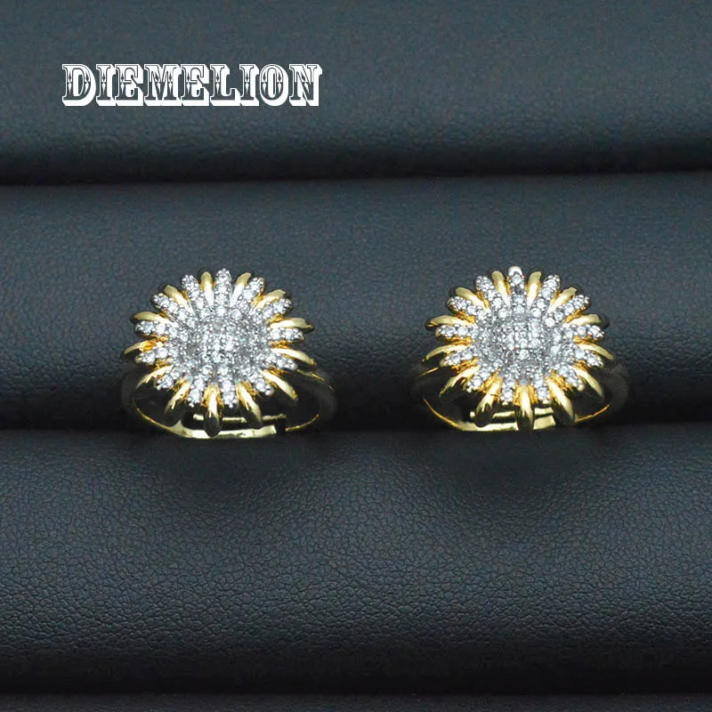 Trendy Two-tone Color Flower Rings Wedding Party Accessories Inlaid Cubic Zirconia Shiny Luxury Jewelry