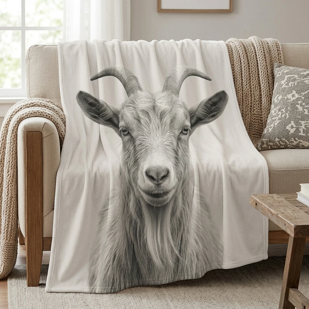 Minimalist Goat Flannel Throw Blanket, Cozy Neutral Tone Throw for Farmhouse & Modern Home Decor
