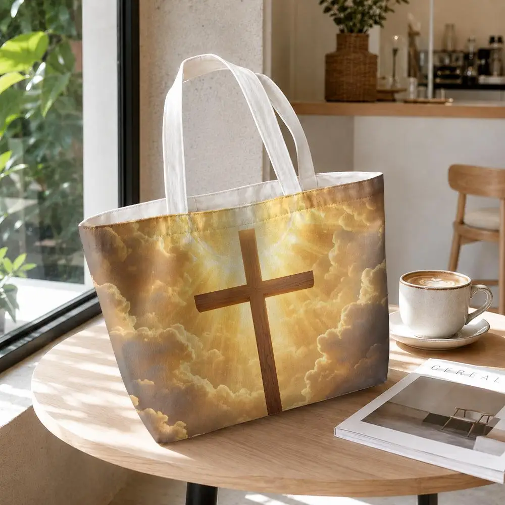 Cross Fashion Storage Bags 2-Piece Set Double-Sided Printed Canvas Tote Bags with Zipper Shopping Shoulder Handbags