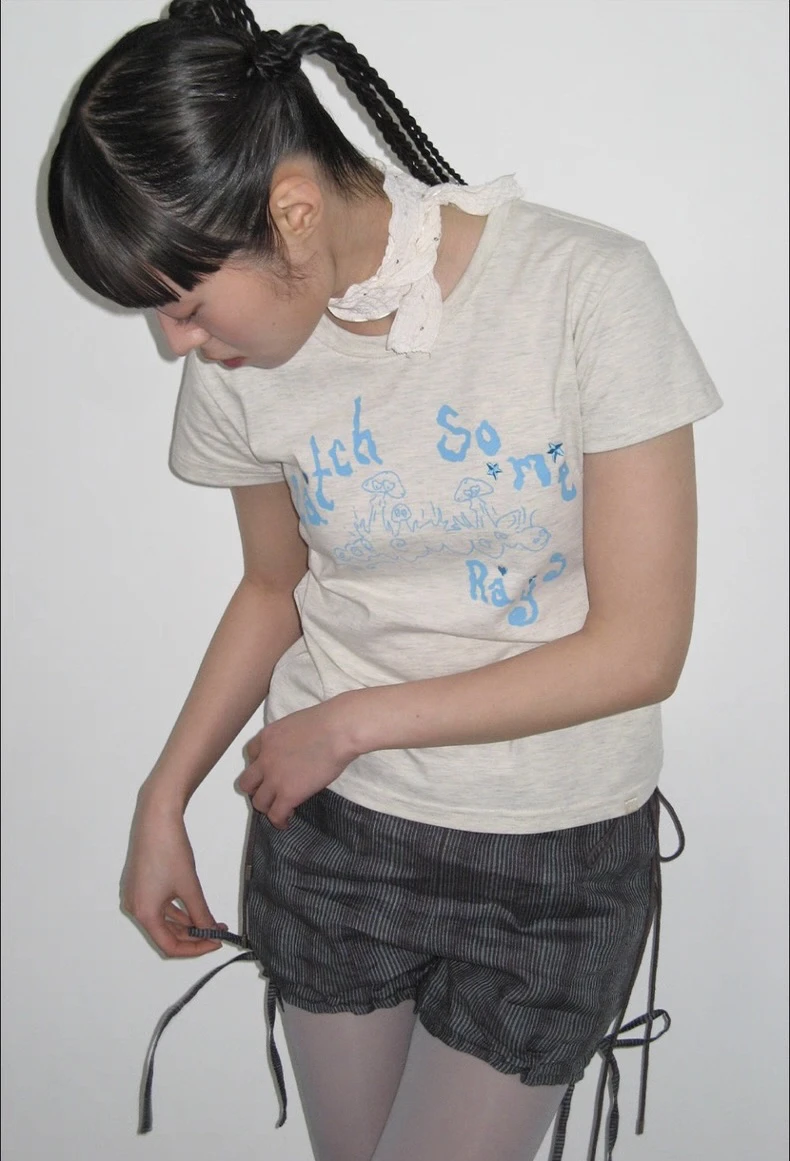 Kaos Wanita Kasual Slim Fit Katun Musim Panas Versi Korea dengan Cetakan Huruf Musoom, Kerah Bulat