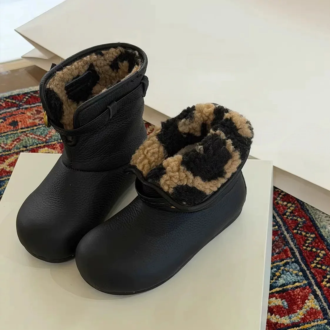 Kids' Snow Boots PU Leather Solid Color Fashion Winter Boots For Children Anti-slip Warm Designer Black White Size 26-37