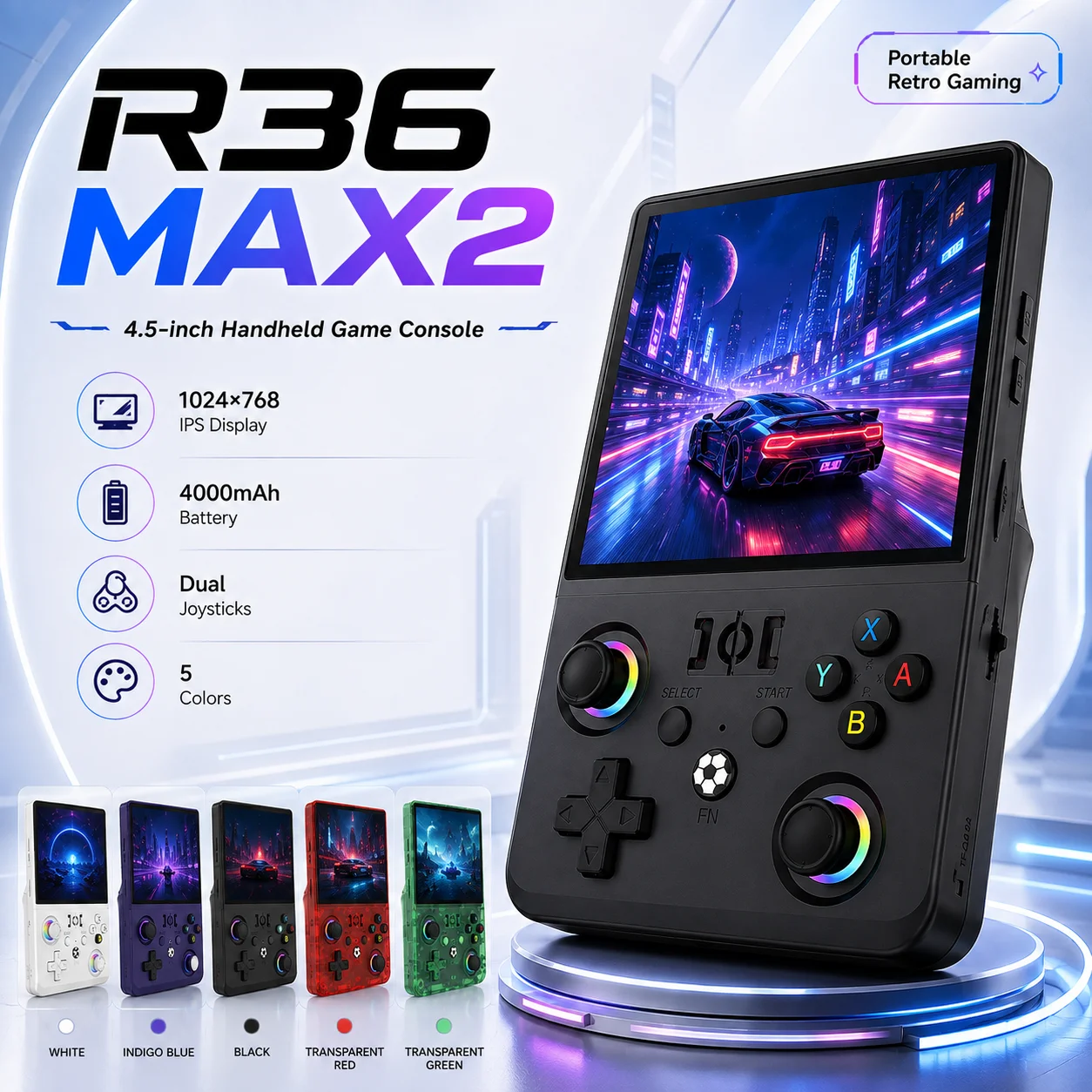 R36 Max2 Open Source Handheld Game Device 4.5 Inch IPS Screen RK3326 Chip TF Card Expansion RGB Light Support 2.4G Wireless