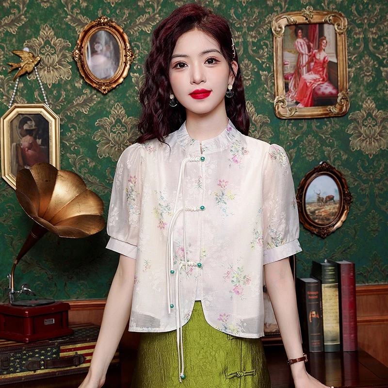 

New Chinese Style Button Up Floral Bubble Sleeve Shirt for Women's Summer 2024 New Lace Chiffon Shirt Top Female Clothing